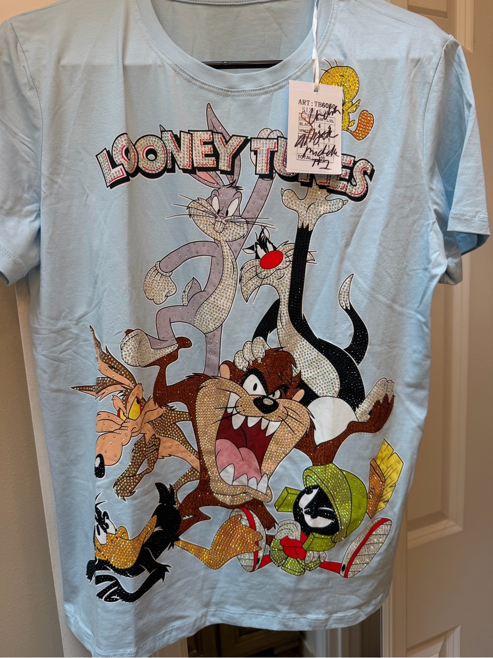 Warner Bros. Light Blue Looney Tunes Graphic Tee with Rhinestone Characters